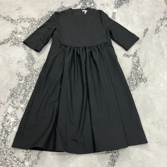 COS Dresses & Skirts - COS Black Gathered Waist Midi Dress 3/4 Sleeve Minimalist A-Line Women's US 4